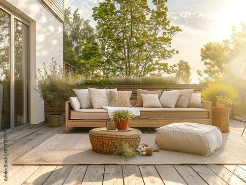 Schöne Terrasse mit Sitzecke und Kissen auf der Couch und Blumentöpfen. Sommerliches Licht. Im Hintergrund eine Sichtschutzwand. Helles Holz. photo