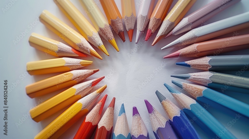 Colorful drawing pencils on left spiral with paper on right for text Colorful drawing pencils on left spiral with paper on right for text