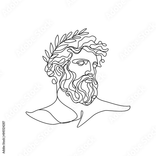 Continuous line, drawing of Greek god head wearing laurel wreath statue minimalist, Ancient Greek Figure Face Head Statue vector illustration for t-shirt, slogan design print graphics style