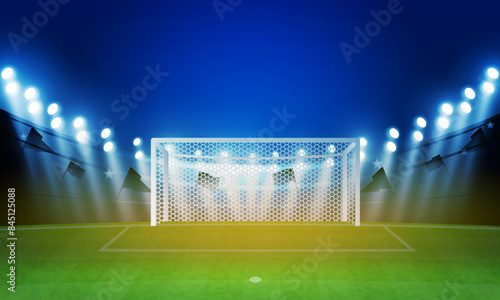 Football arena field with bright stadium lights vector design and information scoreboard. Vector illumination