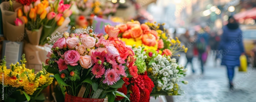 Fototapeta premium Flower vendor at a bustling street market, vibrant bouquets and fresh blooms, colorful and lively scene, copy space for text.