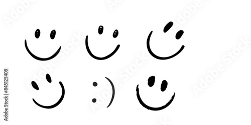 Happy doodle smiley collection isolated on white background. Simple faces. Cute icon set. Vector Illustration.	