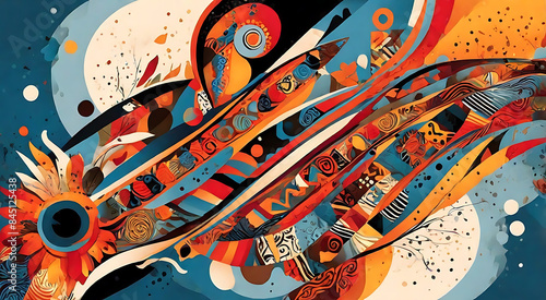 an abstract art template that blends elements from different ethnic cultures, incorporating traditional patterns, symbols, and motifs in a contemporary abstract style
