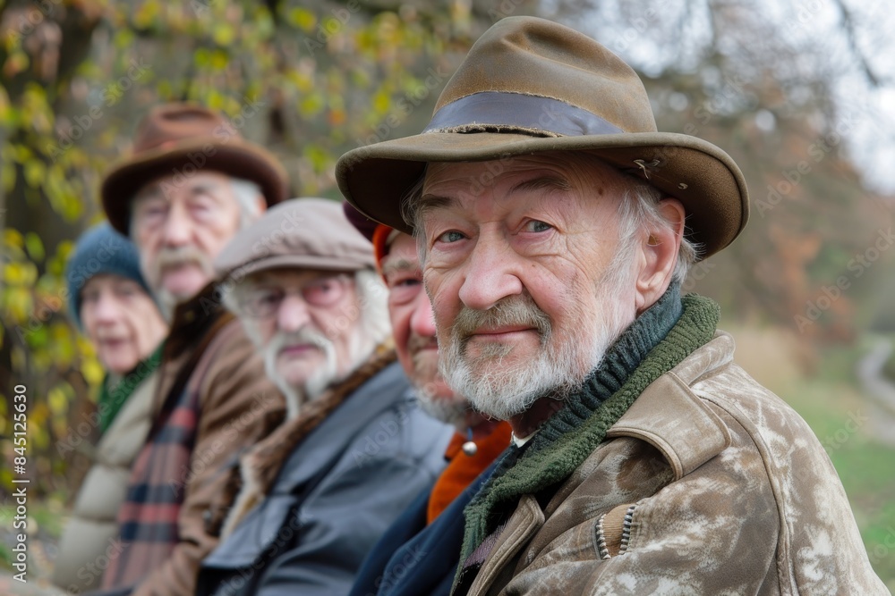Group of seniors sitting in a row in a park and looking at the camera