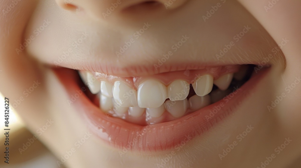 Fototapeta premium A happy child shows off his bright white smile after visiting the dentist. Concept for the development of dental clinics for children. 