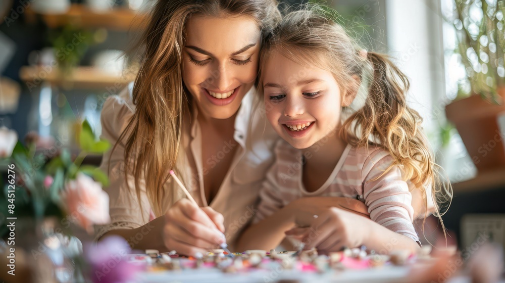 Fototapeta premium Mother and daughter doing a craft project together, creative and joyful activity, nurturing parenting, copy space for text.