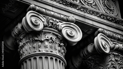 A black and white closeup photograph of an intricate column capital with ornate details and a fluted shaft photo