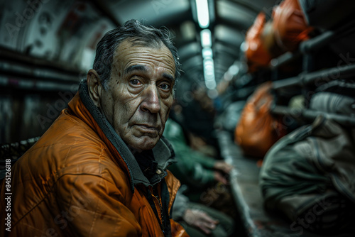 A man in an orange jacket is sitting in a subway car photo