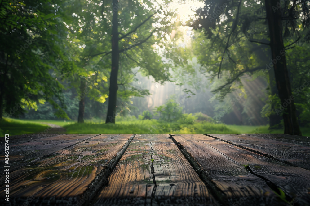 A wooden table with a view of a forest A wooden table with a view of a forest