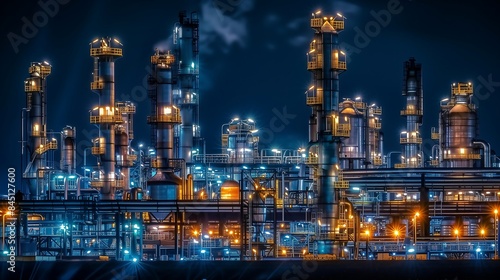 oil refinery, with the lights creating a mesmerizing glow against the dark sky