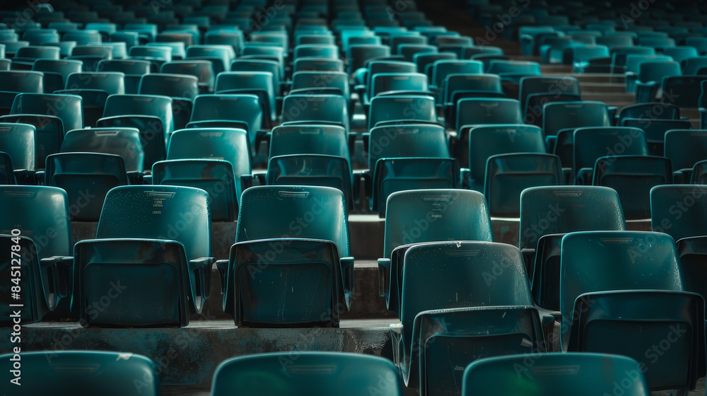 A row of blue chairs are empty in a stadium