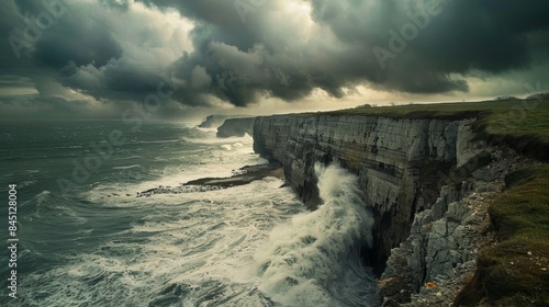 A stormy ocean with a large wave crashing against a rocky cliff