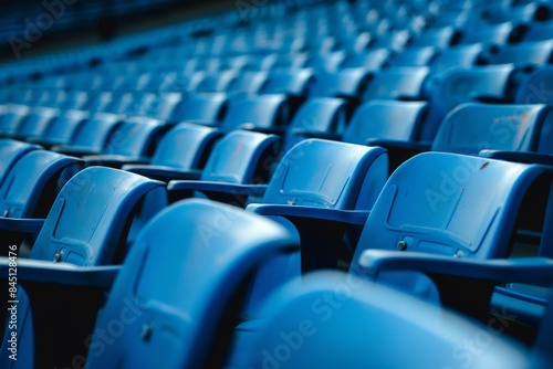 rows of blue seats in an empty stadium