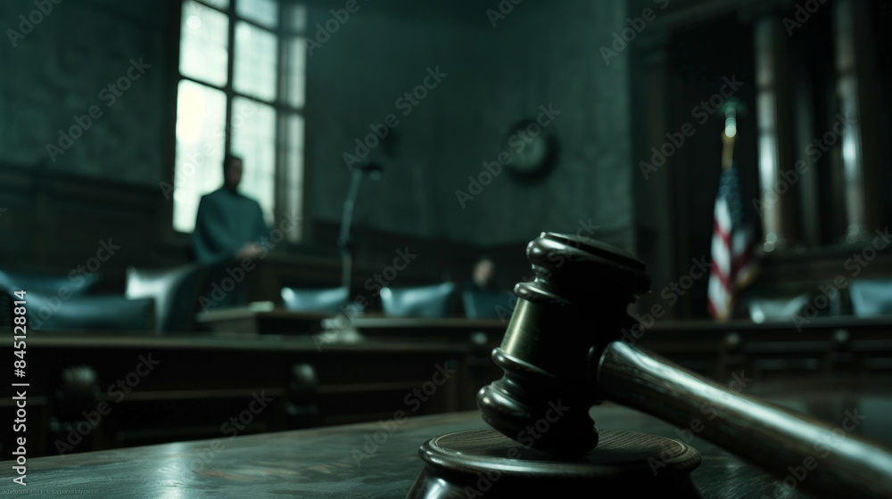 A wooden gavel sits on a table in a courtroom A wooden gavel sits on a table in a courtroom
