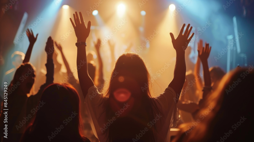 A woman is standing in front of a crowd of people, raising her hands in the air A woman is standing in front of a crowd of people, raising her hands in the air