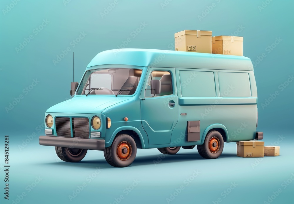 3D vector delivery van carrying a cargo box. Represents delivery and online shopping. EPS 10 vector. 3D vector delivery van carrying a cargo box. Represents delivery and online shopping. EPS 10 vector.