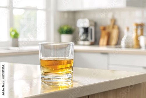 a lifestyle stock photography of A glass of alcohol represented by a transparent glass filled with a golden liquid. Clean, minimalistic kitchen counter. Straight-on shot, medium distance. Soft,