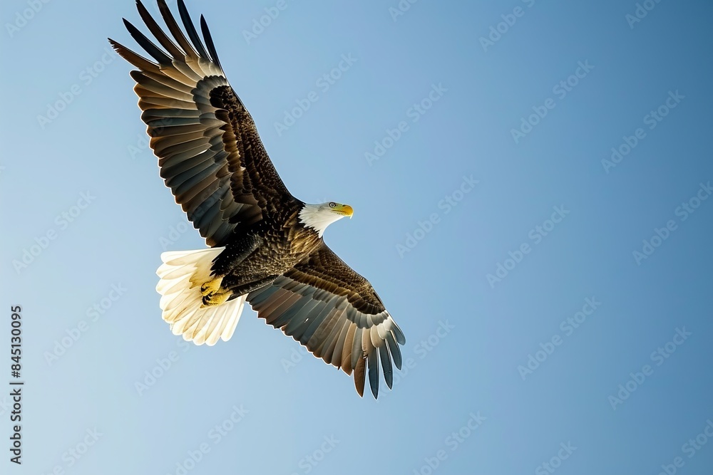 Obraz premium A low-angle shot of a bald eagle soaring in a bright blue sky, Generative AI.