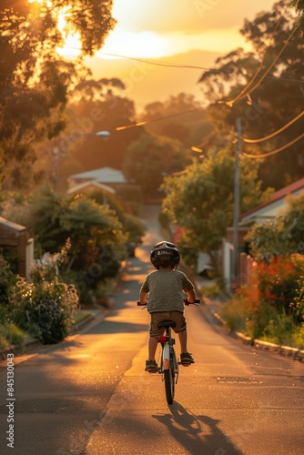 Child riding a bike down a suburban street at sunset, warm lighting © Creative_Bringer