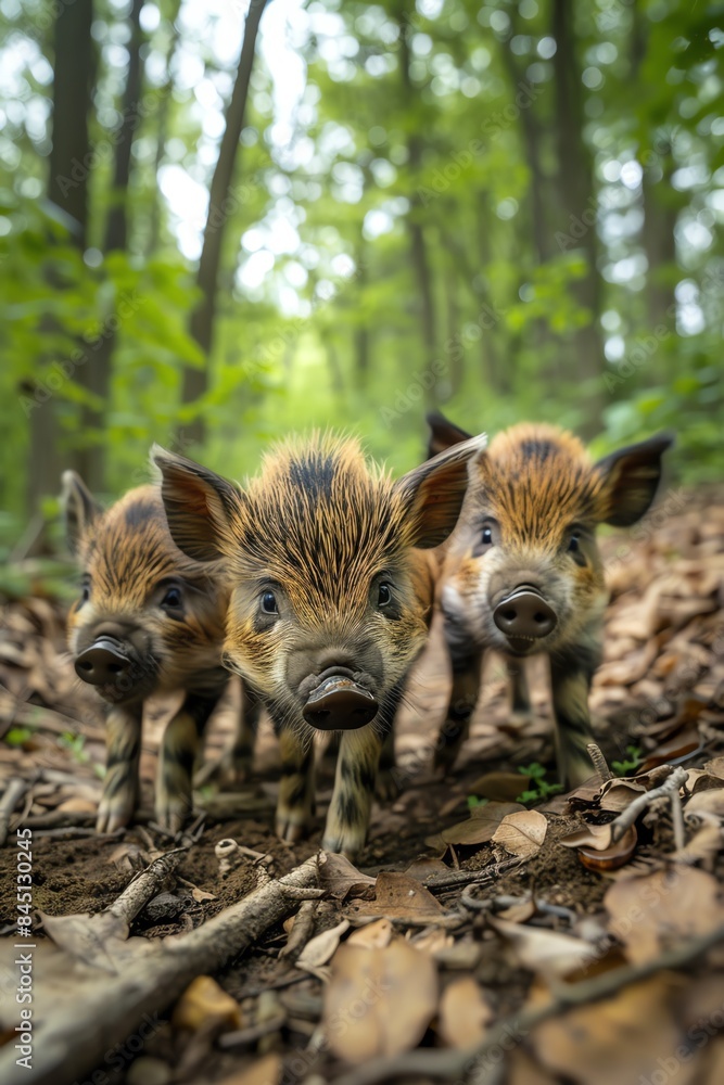 Four baby boars with stripes, forest clearing, lowangle Four baby boars with stripes, forest clearing, lowangle