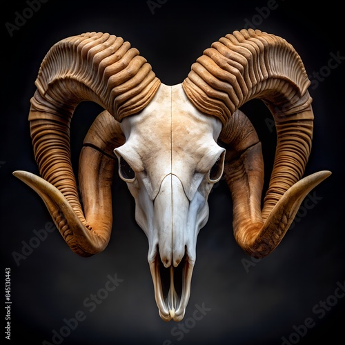 Widder Schädel dunkel mit Hörnern - Trophäe - fotorealistische Darstellung vor dunklem Hintergrund	
