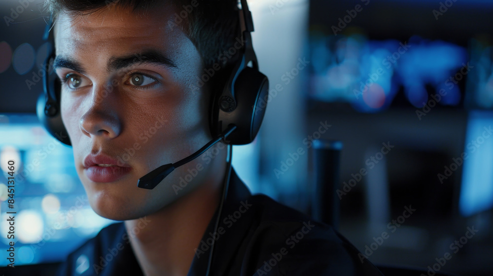 A man wearing a headset is looking at a computer screen A man wearing a headset is looking at a computer screen
