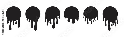 Melt drip circle silhouette paint round splash with drops, liquid shape, stain isolated on white background. Collection of Flowing fluid, slime or cream.