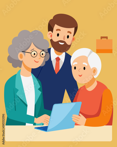 An older couple meets with their financial advisor to discuss estate planning and creating a will to ensure their assets are properly distributed to their heirs.. Vector illustration