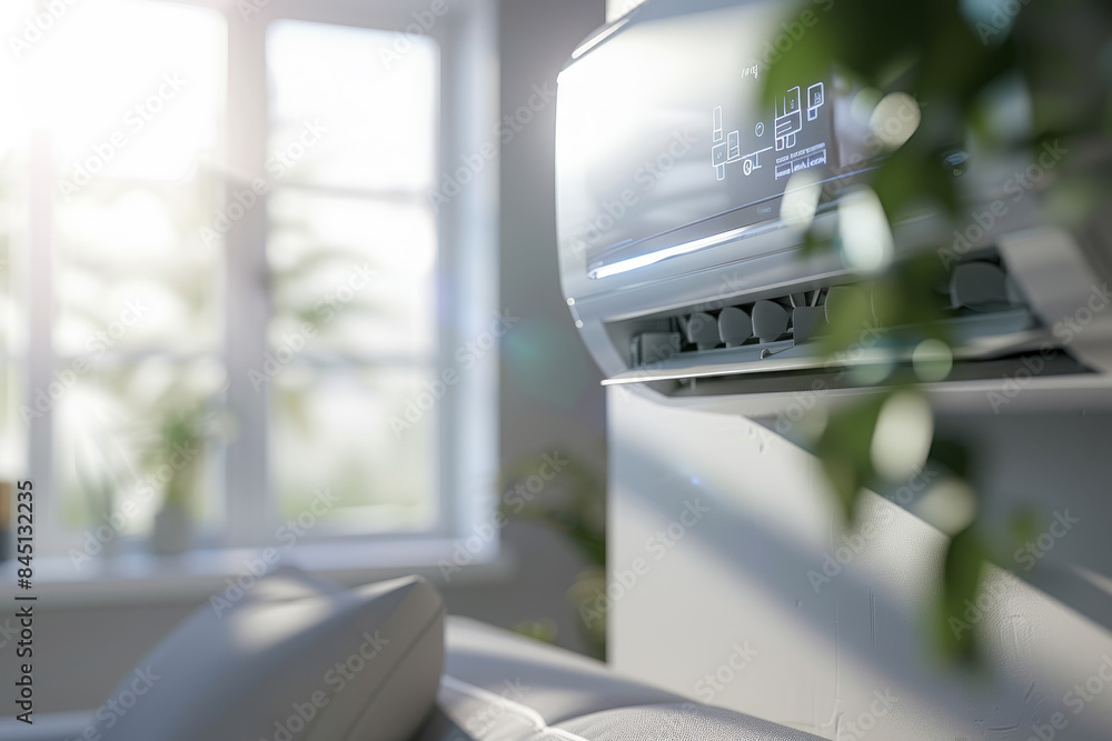 A white air conditioner is mounted on the wall in a room with a window A white air conditioner is mounted on the wall in a room with a window