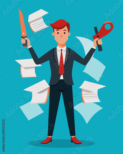 The businessperson holds a pair of scissors in one hand and a pile of redacted documents in the other demonstrating their dedication to t down any and all excess spending.. Vector illustration