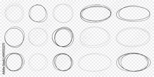 Circle scrible circular frame, fast mark, pencil line doodle frame. Ring, oval sketch highlight sphere on transparent background. 