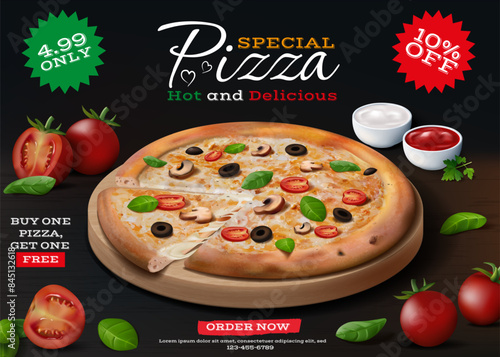 Pizza menu. Pepperoni delivery ad with ingredients like mozzarella cheese, tomato and baked ketchup, basil leaves. Realistic isolated elements. Pizzeria restaurant. Vector advertising banner