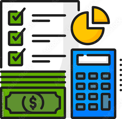 Color budgeting line icon with vector money, calculator and budget plan. Financial analysis, accounting and planning outline symbol of dollar bills, income and expenses pie chart, commercial budgeting