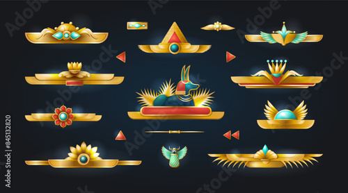 Egypt game. Gold pharaoh frame. UI Egyptian old slots. Emerald and ruby gemstones. Golden ornaments with ancient jewel lotus. Treasure border. Vector antique decoration elements set