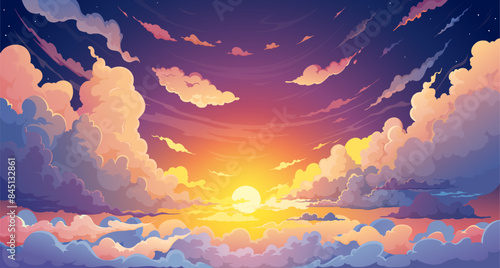 Sky anime sunset background with cartoon clouds and setting sun vector landscape. Summer evening cloudy sky dramatic scene with orange sunlight, stars, white clouds. Anime sunset or twilight panorama