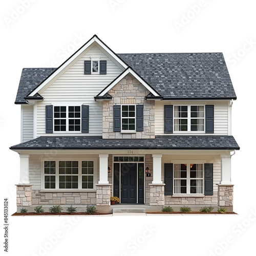 Charming two-story suburban house with a modern design, featuring stone accents, large windows, and a well-maintained front yard.