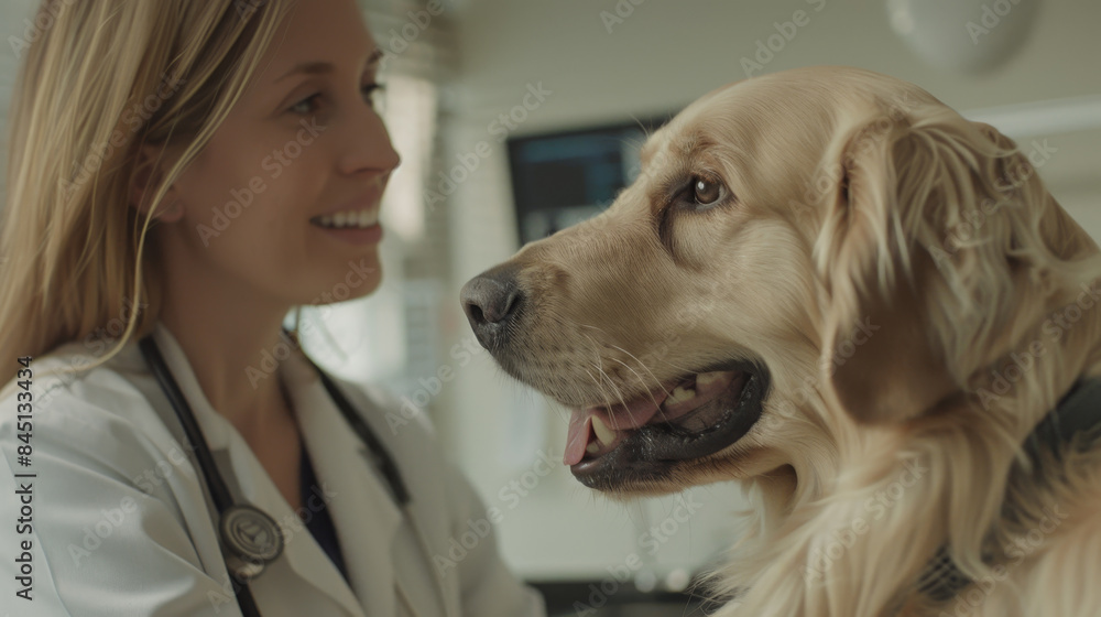 A woman is examining a dog in a veterinary clinic A woman is examining a dog in a veterinary clinic