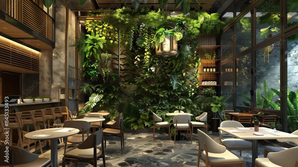 Fototapeta premium A chic cafe interior with a biophilic design, incorporating a living wall of lush plants that add a touch of nature to the dining experience