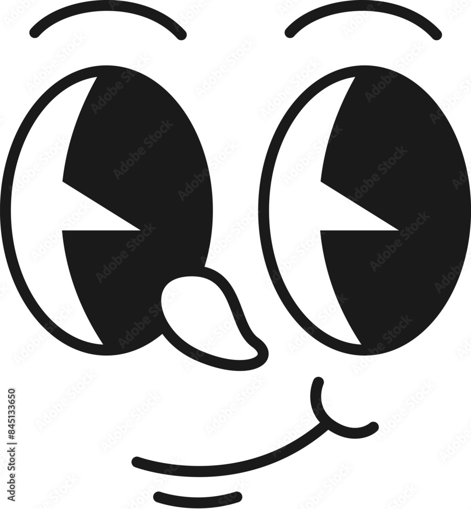 Cartoon comic groovy face, funny eye emotion and retro cute emoji character. Isolated vector monochrome personage with scenery friendly smile and round eyes. Happy facial expression, positive feelings Cartoon comic groovy face, funny eye emotion and retro cute emoji character. Isolated vector monochrome personage with scenery friendly smile and round eyes. Happy facial expression, positive feelings