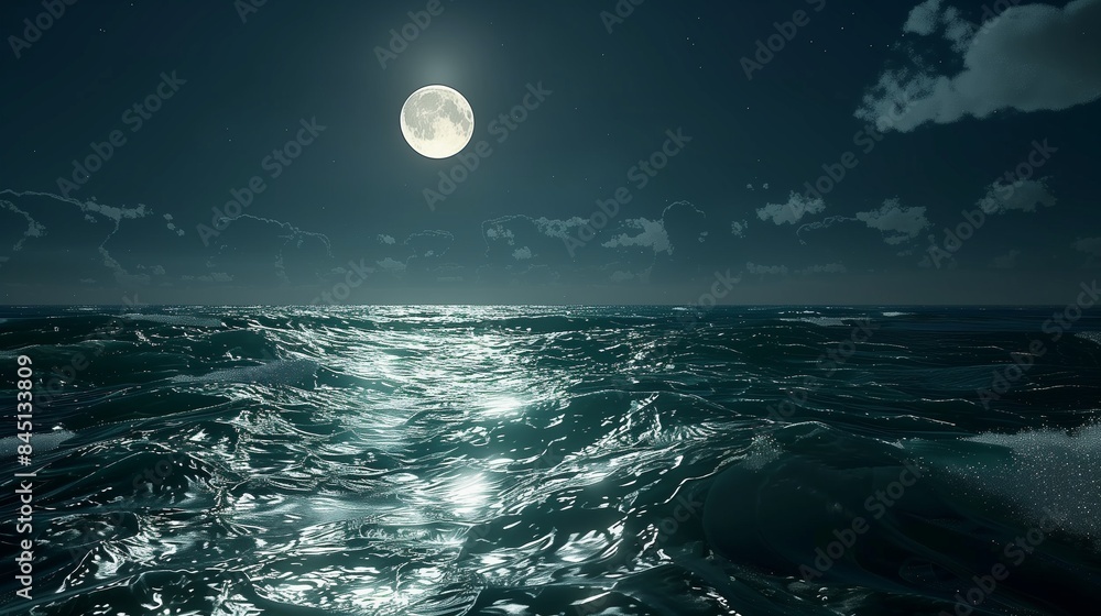 A picturesque night view of the ocean, with the full moon's light shimmering on the waves and creating a beautiful, romantic scene
