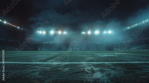 A soccer field with a foggy atmosphere and lights shining on it