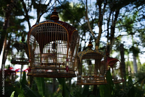 A traditional bamboo birdcage hangs outdoors, its intricate lattice design catching sunlight. The natural bamboo color contrasts with the vibrant green background, creating a serene, rustic scene.