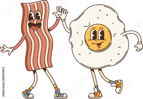 Retro cartoon groovy breakfast bacon and fried egg character. Cute and funny vector friends food personages giving high five and rejoice together. Isolated kawaii funky ingredients exudes friendship