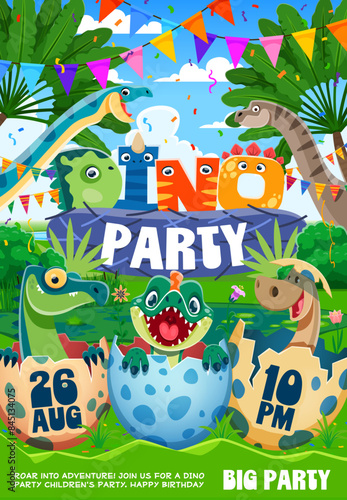 Kid dino party flyer with funny prehistoric dinosaurs. Vector holiday invitation poster template with cartoon cute baby reptiles in the eggshells, coloradisaurus and vulcanodon at jurassic landscape