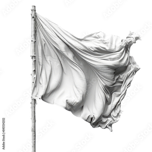 A white flag waving in the wind symbolizing peace, surrender, or neutrality. Isolated on a white background. photo