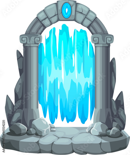 Fantasy fairytale game magic portal door. Cartoon vector enchanted water-like barrier between two ancient stone columns, with a glowing mystical gem crystal at the top casts an ethereal blue light