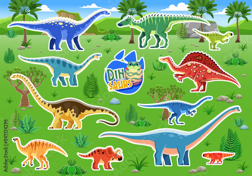 Dinosaur stickers, prehistoric Ampelosaurus, Coloradisaurus, Shantungosaurus and Hypselosaurus. Camptosaurus, Arrhinoceratops or Antarctosaurus, Lufengosaurus and Psittacosaurus photo
