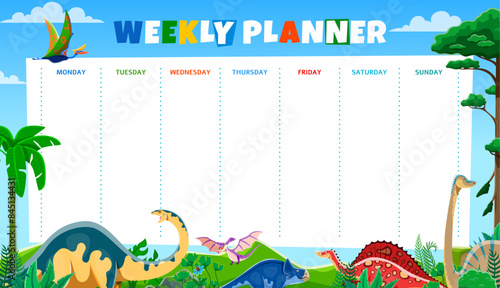 Weekly planner with cartoon dinosaurs. Vector vibrant schedule with playful dino in a prehistoric landscape at clear sky backdrop, Template with spacious daily columns for organizing children routines