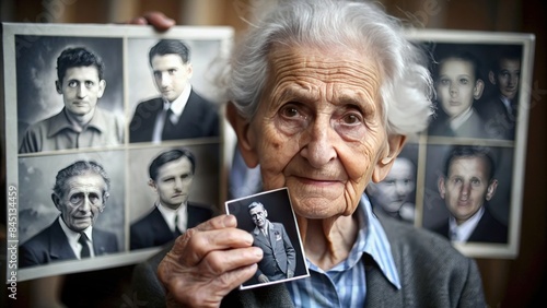 portrait of an elderly Holocaust survivor with a solemn expression.