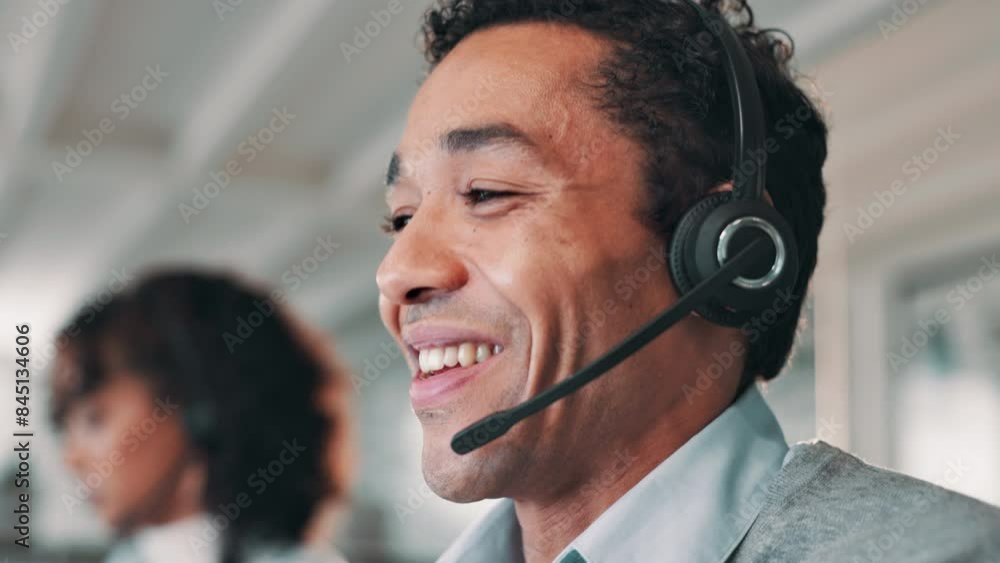 Happy man, consultant and typing with headphones in call center, customer service or telemarketing at office. Male person or agent talking with mic on computer for online advice or help at workplace